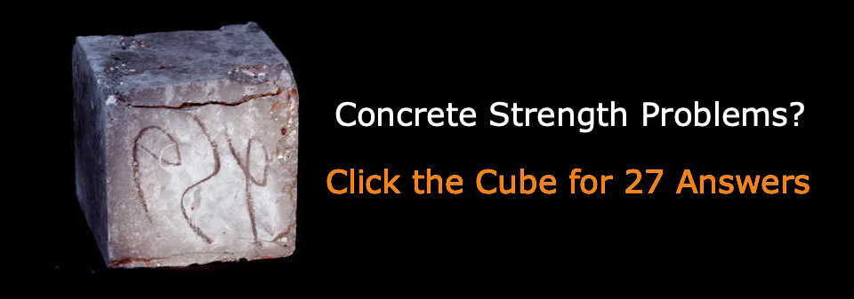 Kuva betonikuutiosta mustalla taustalla ja teksti: Concrete Strength Problems? Klikkaa kuutiota saadaksesi 27 vastausta.